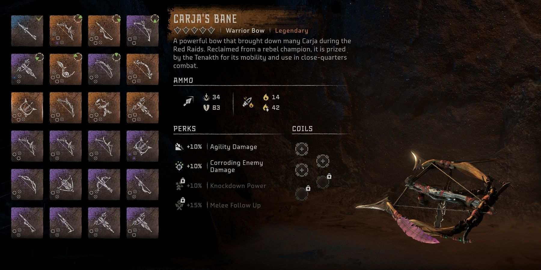 Menu screen showing the Carja's Bane legendary weapon from Horizon Forbidden West.