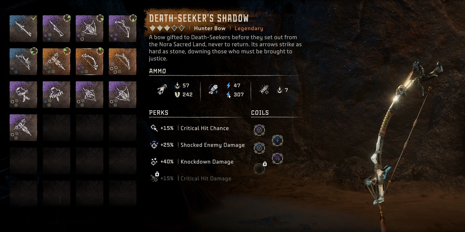 Image of the Horizon Forbidden West legendary weapon The Death-Seeker's Shadow in a menu.