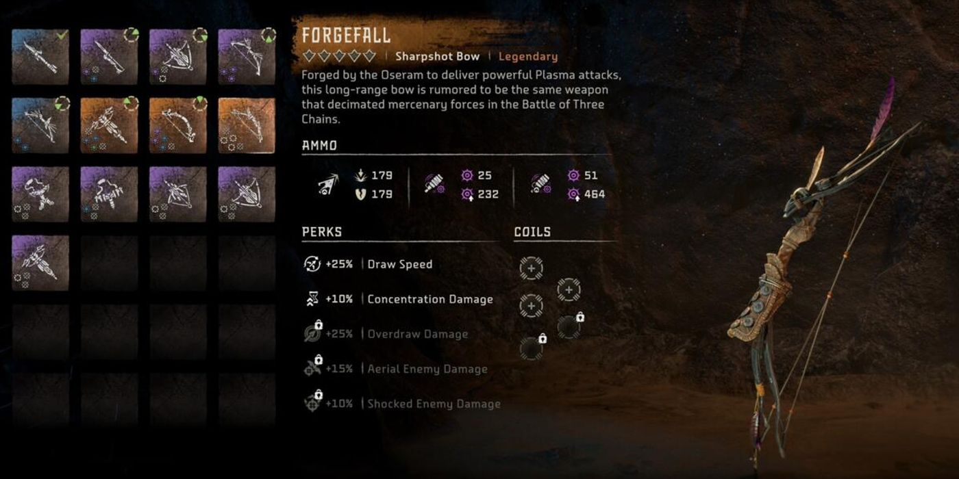 Menu screen showing the Forgefall legendary weapon from Horizon Forbidden West