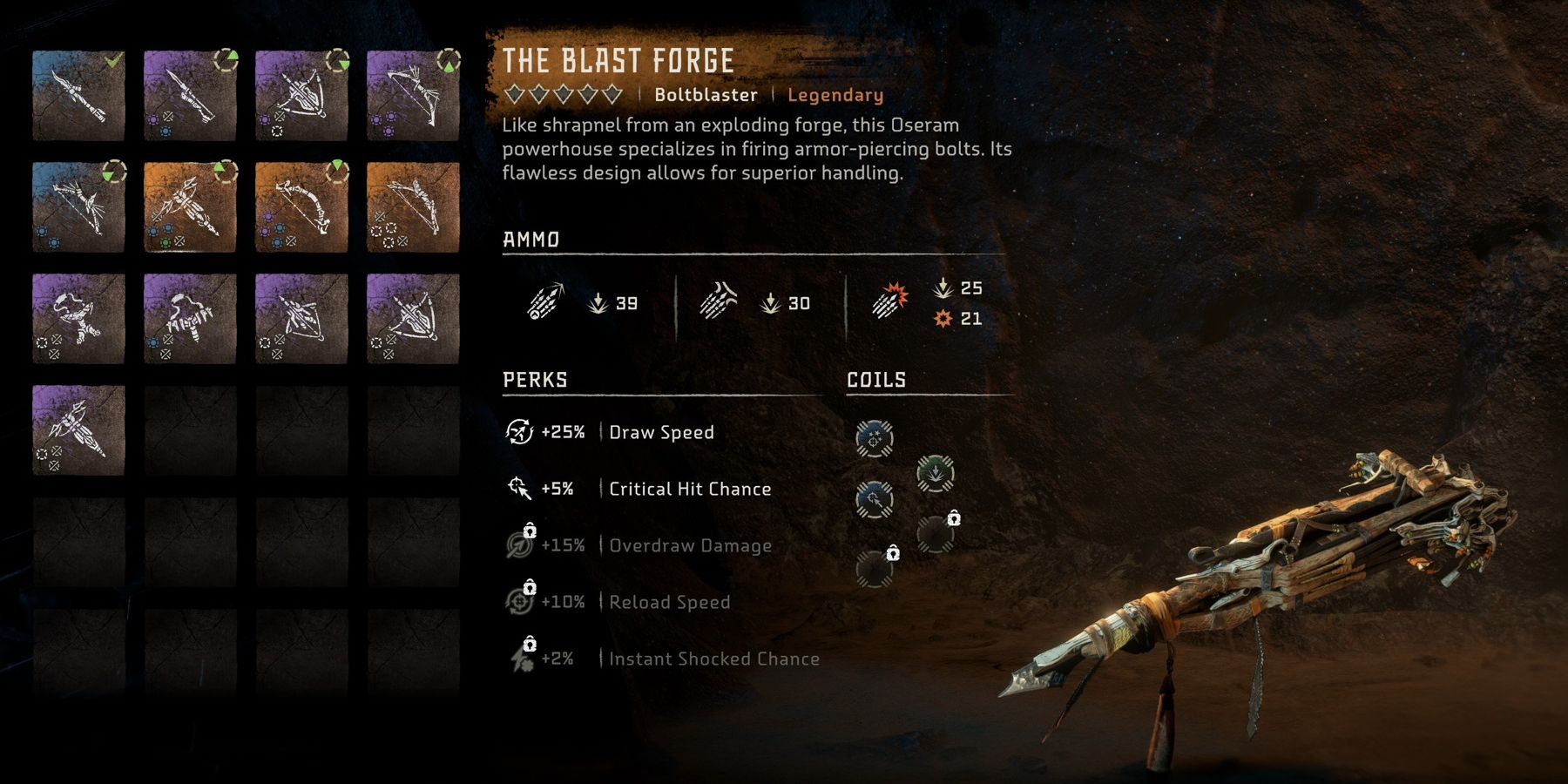 Menu screen showing the Blast Forge legendary weapon from Horizon Forbidden West.
