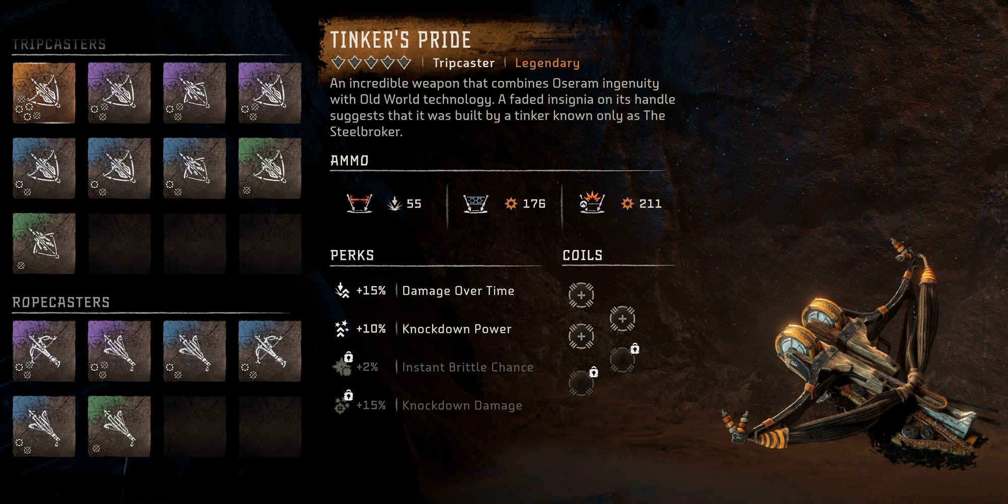 Equipment screen showing the Tinker's Pride in Horizon Forbidden West, a Tripcaster weapon.