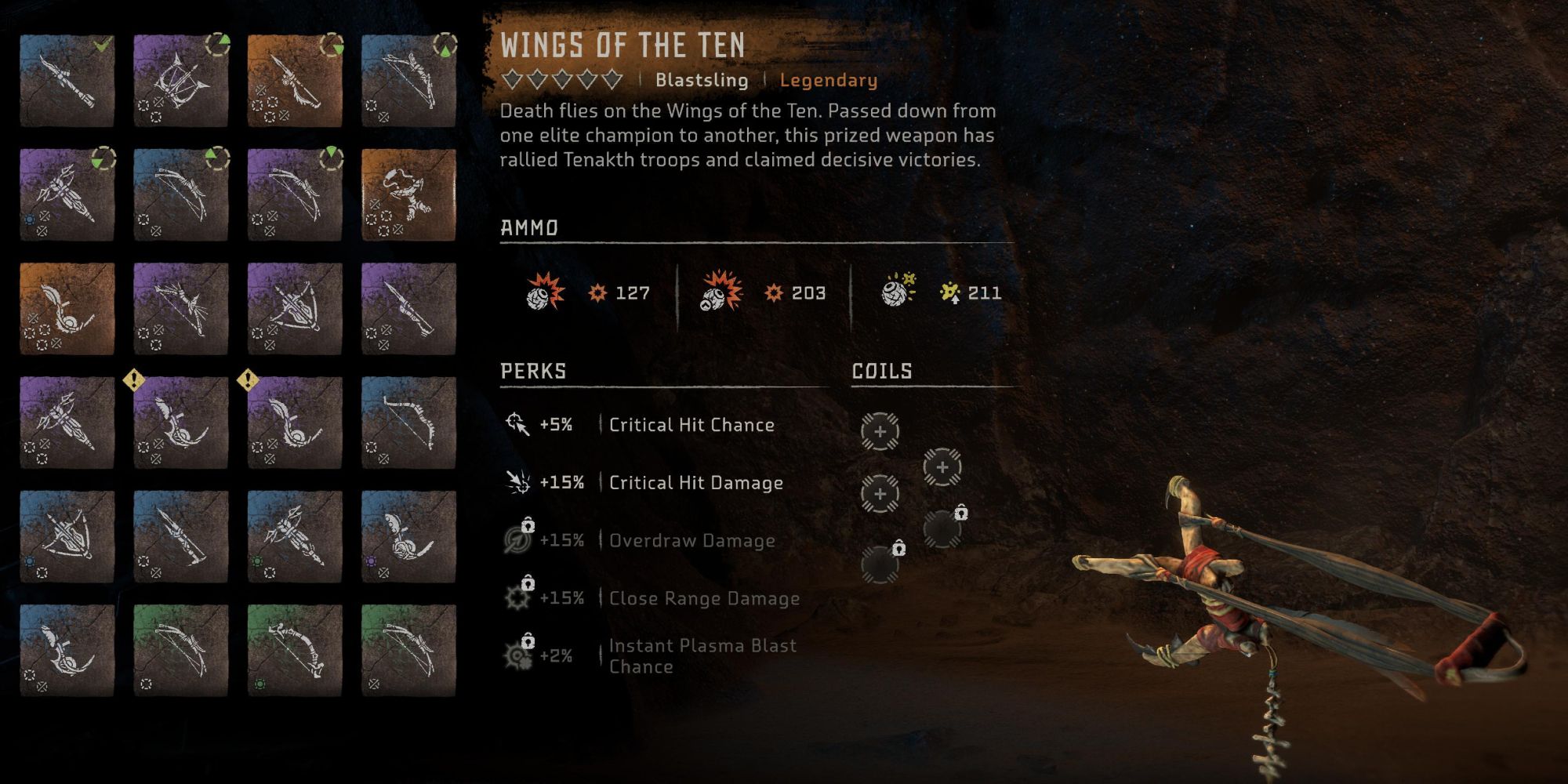 Image of the Horizon Forbidden West Legendary Weapon Wings of the Ten in a menu.