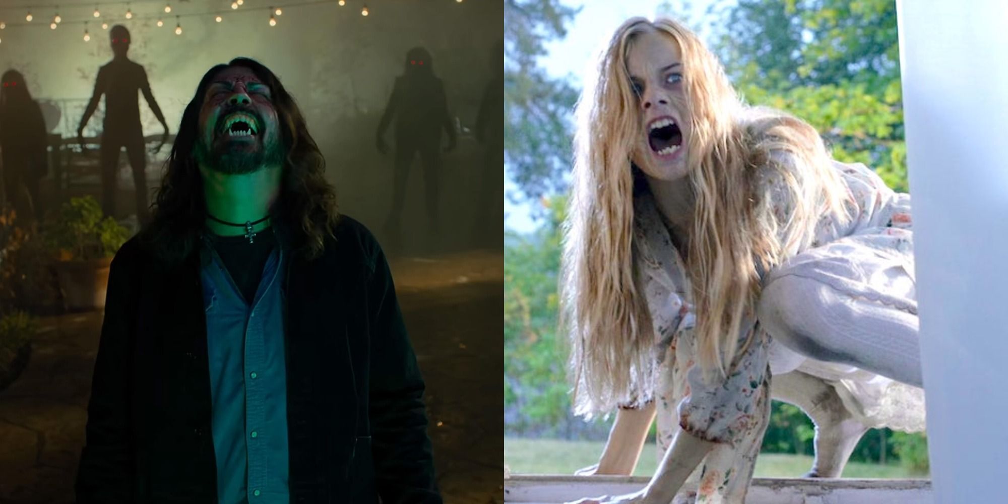 Split image of Dave Grohl as a vampire and the main character of Hatching screaming in a window