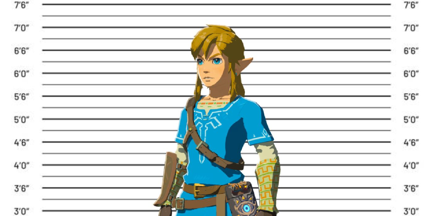 Link from BOTW in front of a height chart