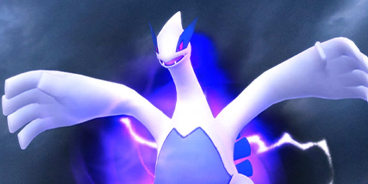 Apex Shadow Lugia from Pokémon GO, with its arms outstretched and its body surrounded by a menacing purple miasma.