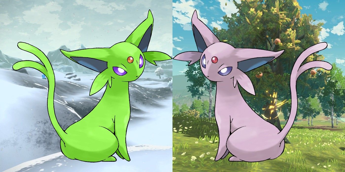 Two different hand-drawn images of Espeon, one green and one pink, over background locations in Pokémon Legends: Arceus