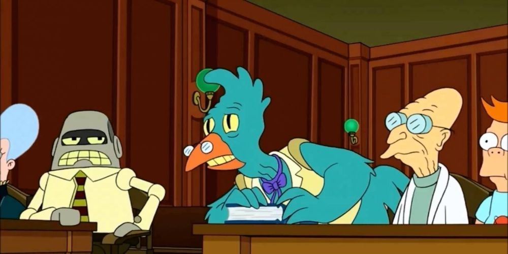 Hyper-Chicken helps Professor Farnsworth in a courtroom 