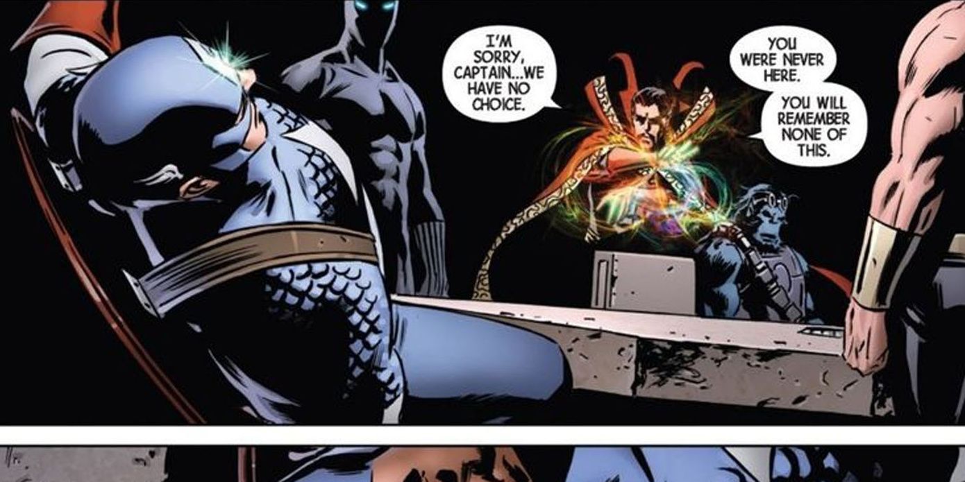 The Illuminati mind wipe Captain America in Marvel Comics.