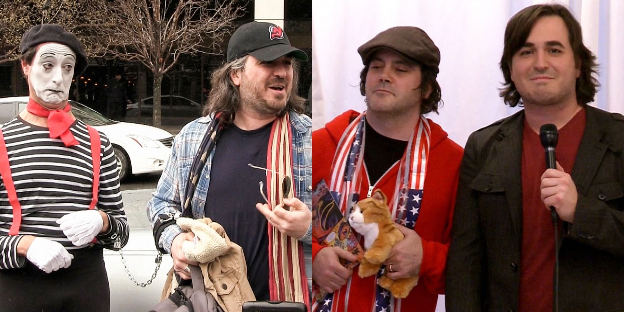 Split image showing Q with a mime and another man in Impractical Jokers