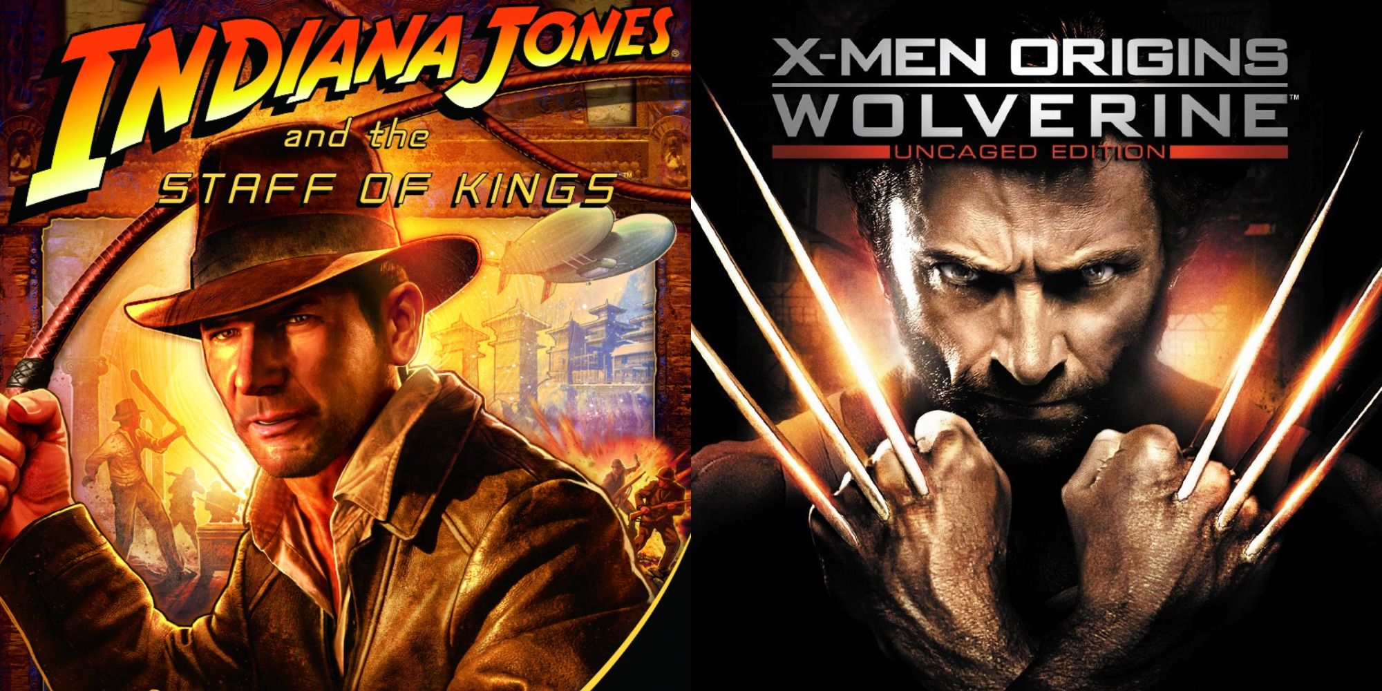 Split image showing the covers for the games Indiana Jones And The Staff Of Kings and X-Men Origins Wolverine