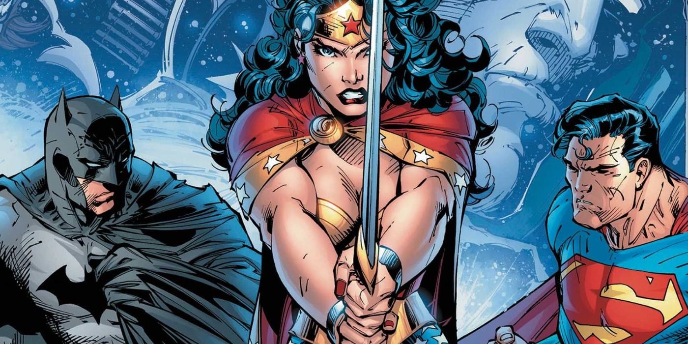 The Trinity of Batman, Wonder Woman, and Superman in Infinite Crisis cover art