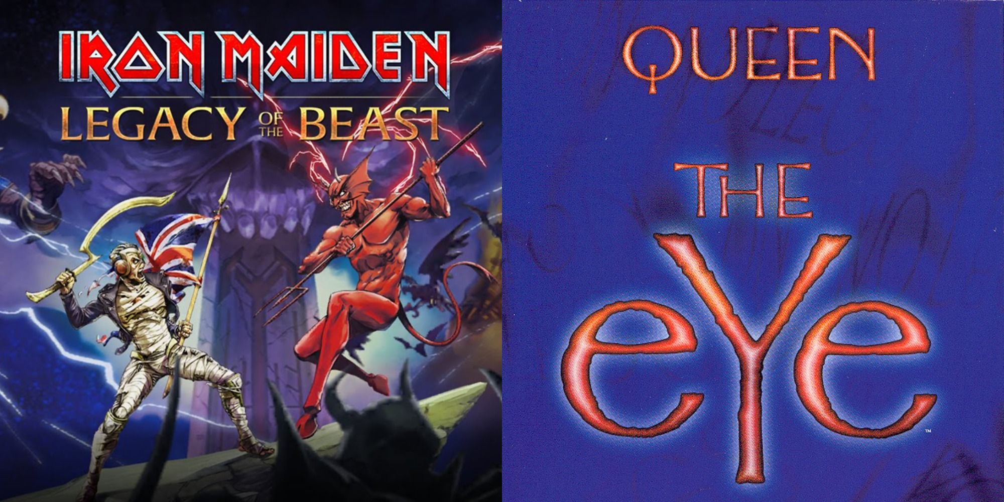Split image showing covers for the games Iron Maiden Legacy of the Beast and Queen: The eYe