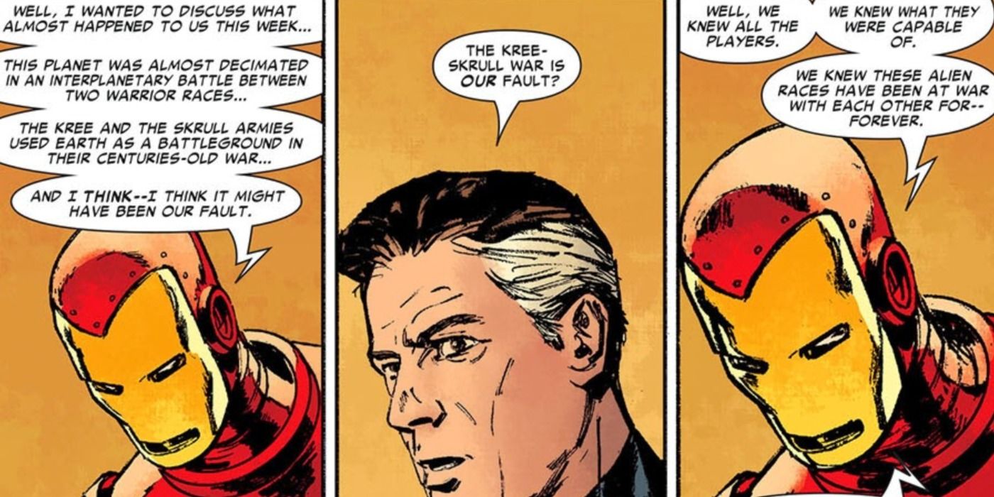 Iron Man talks with Reed Richards in Marvel Comics.