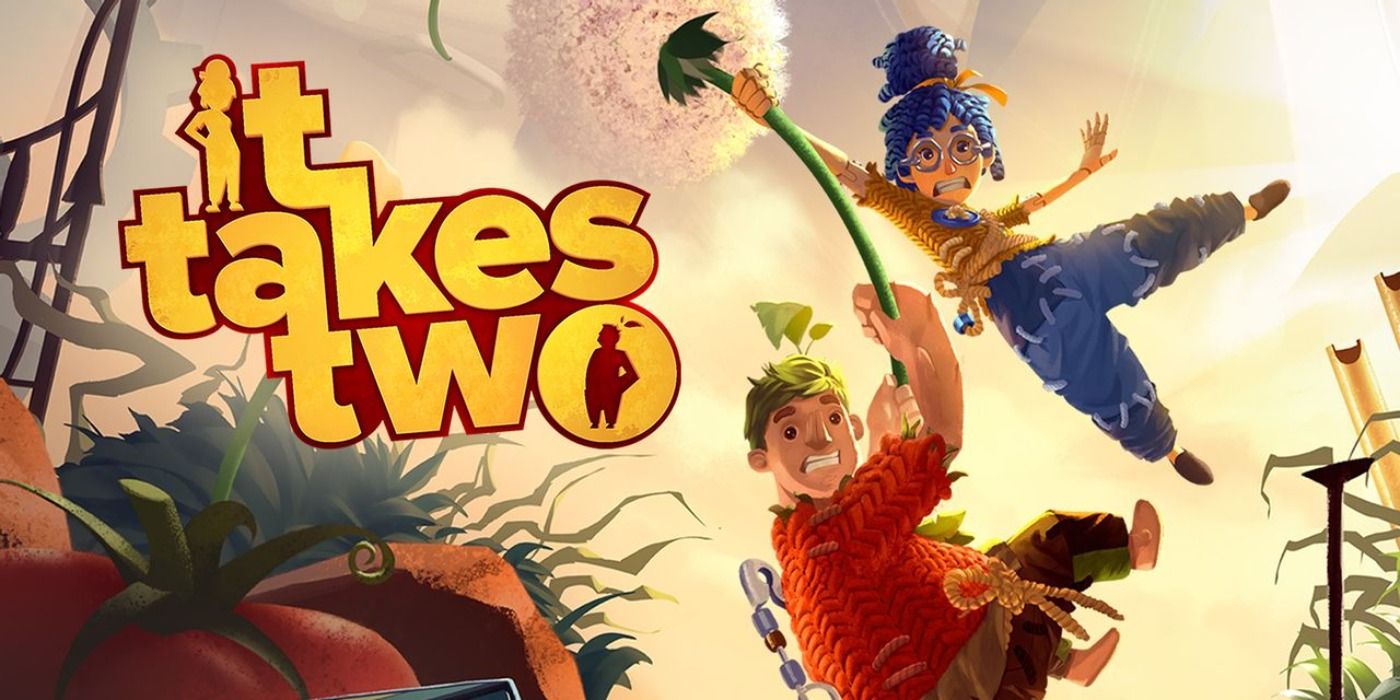 It Takes Two promo art featuring the protagonists hanging onto a floating flower