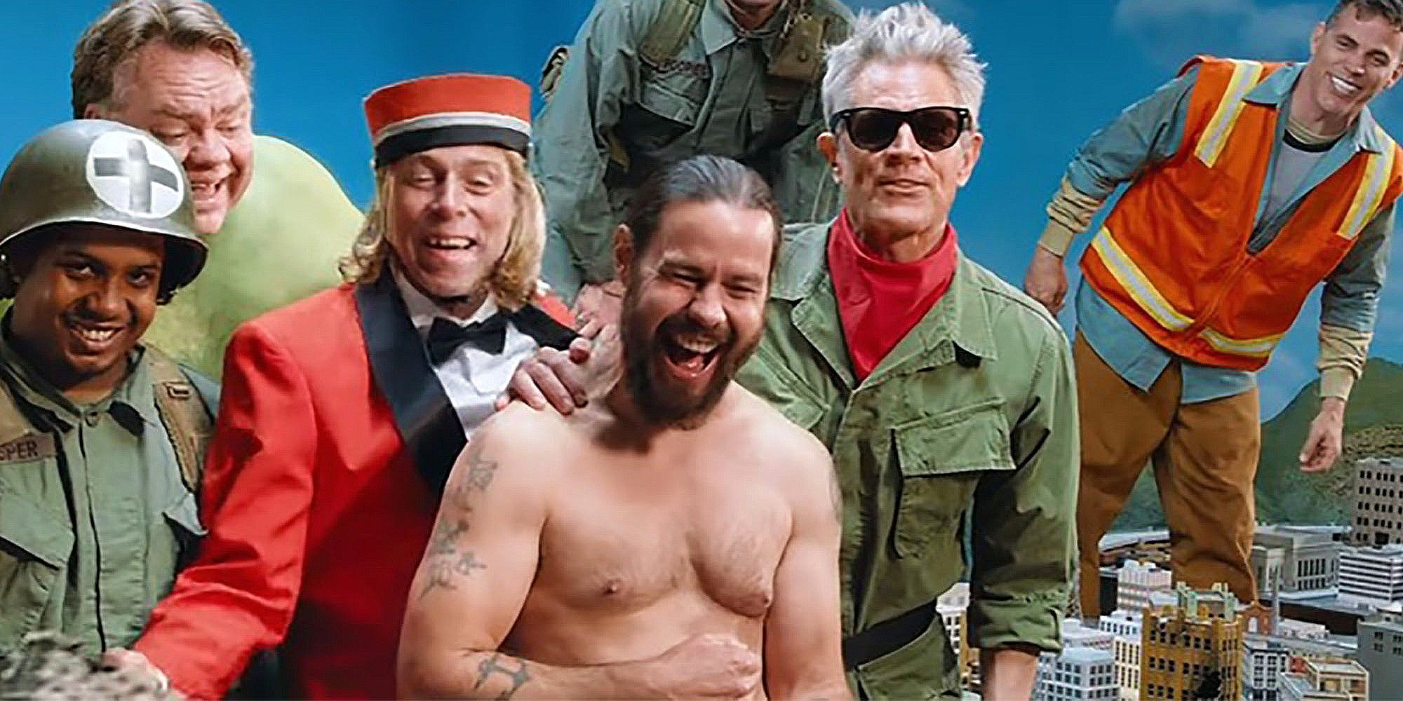 Chris Pontius stands with the cast of Jackass Forever