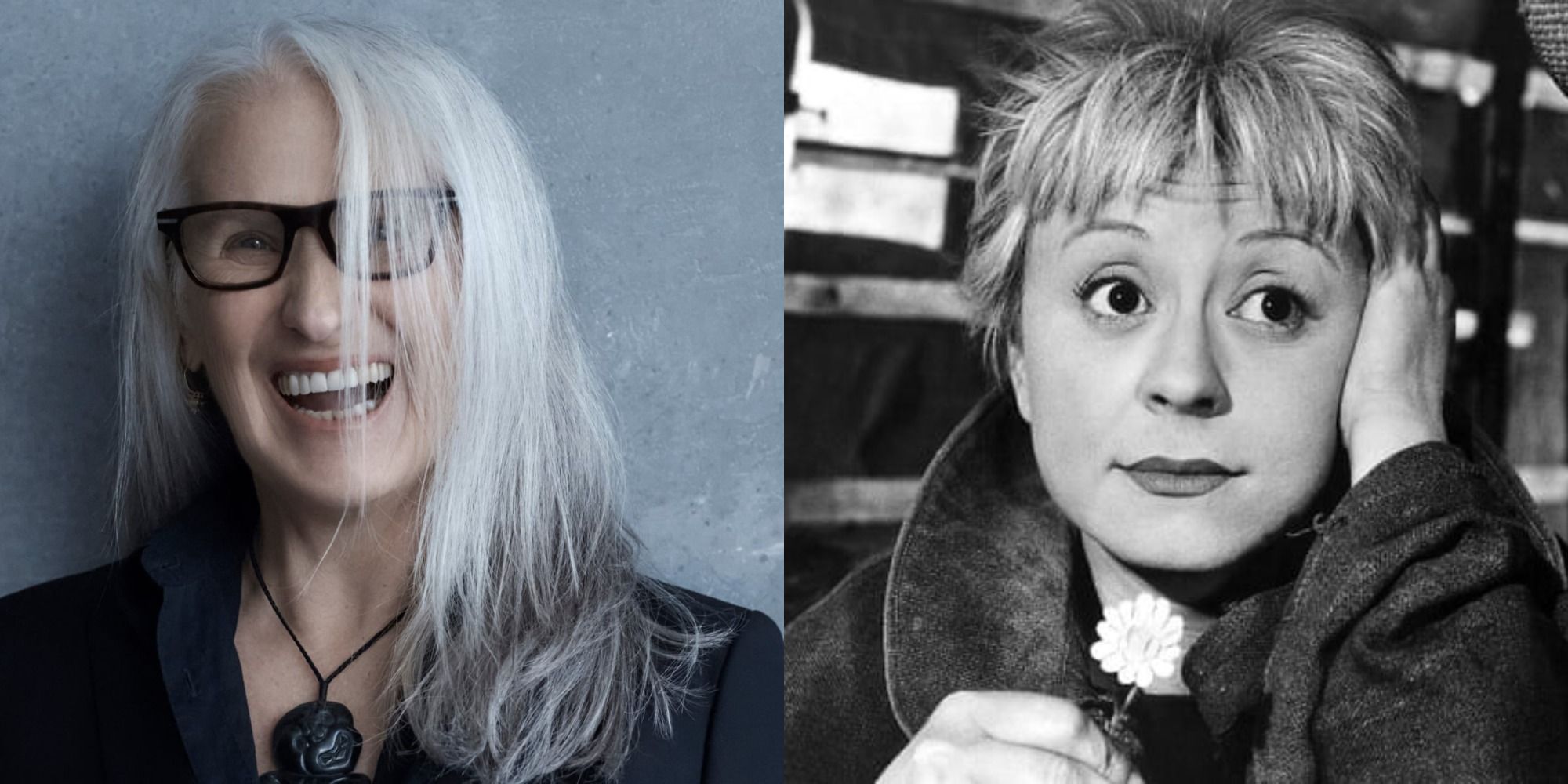 Split image showing Jane Campion and a character from La Strada