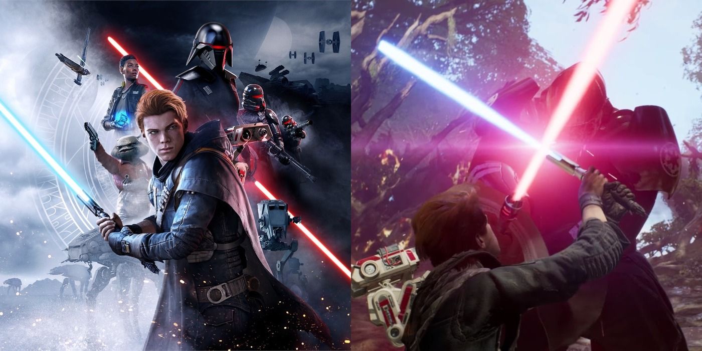 Split image of Cal Kestis in promo art and dueling an Inquisitor in Star Wars Jedi: Fallen Order