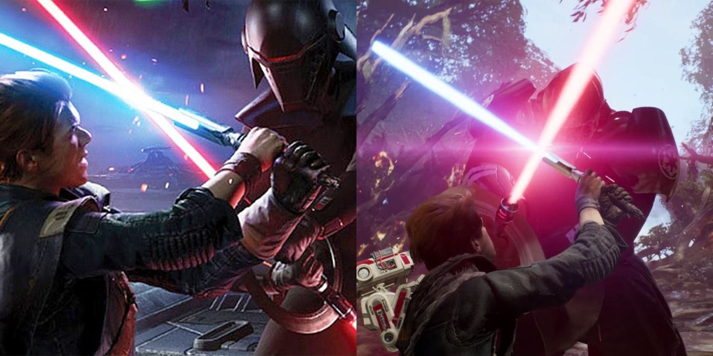 Split image of Cal fighting Inquisitors in promo art and gameplay for Star Wars Jedi: Fallen Order