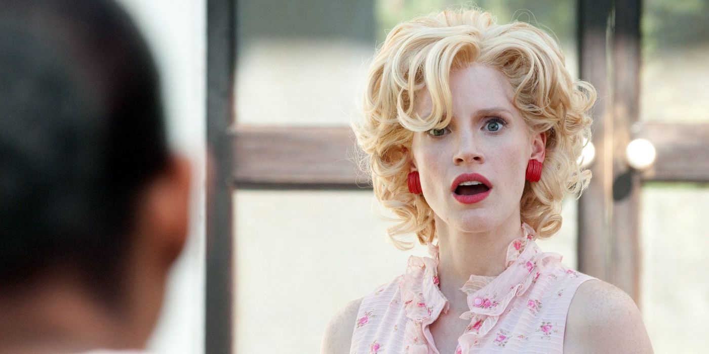 Jessica Chastain with mouth agape in The Help