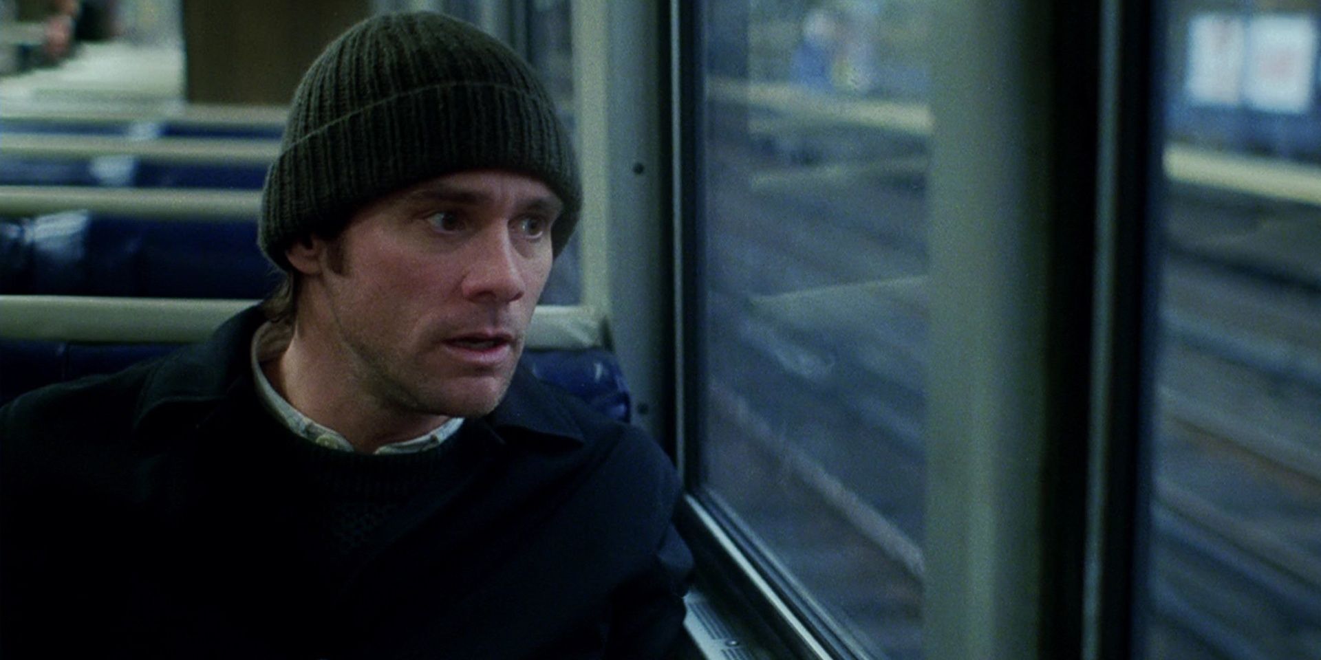Jim Carrey on a train in Eternal Sunshine Of The Spotless Mind