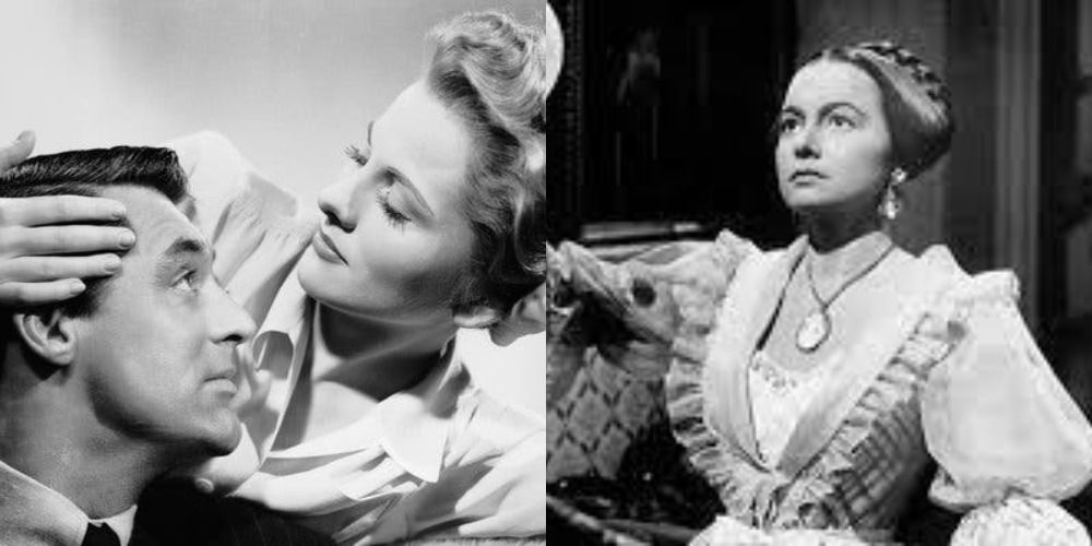 Split image showing Joan Fontaine in Suspicion and Olivia de Havilland in The Heiress