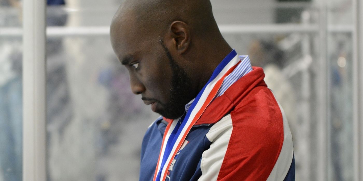 Joel Savary looking down on the ice rink