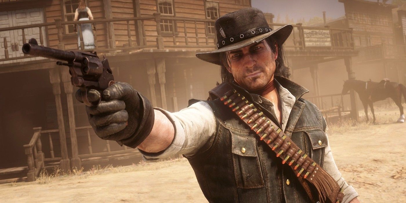 John Marston points his revolver offscreen from Red Dead Redemption 2