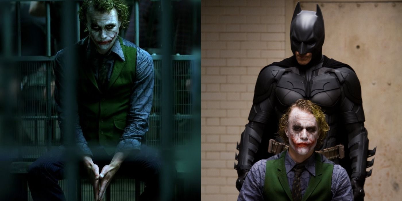 Split image of Joker through the bars of a cell and Batman standing behind him in the interrogation scene