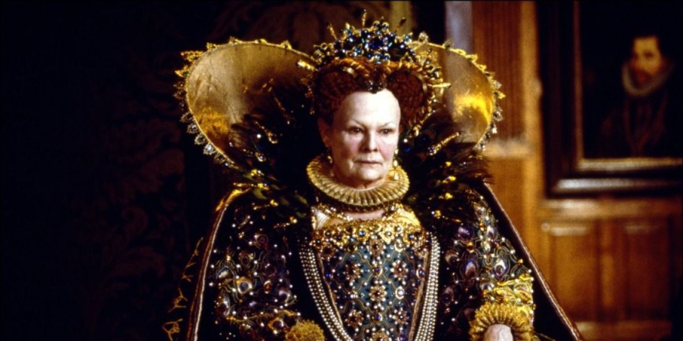 Judi Dench sitting on her throne as the queen in Shakespeare In Love