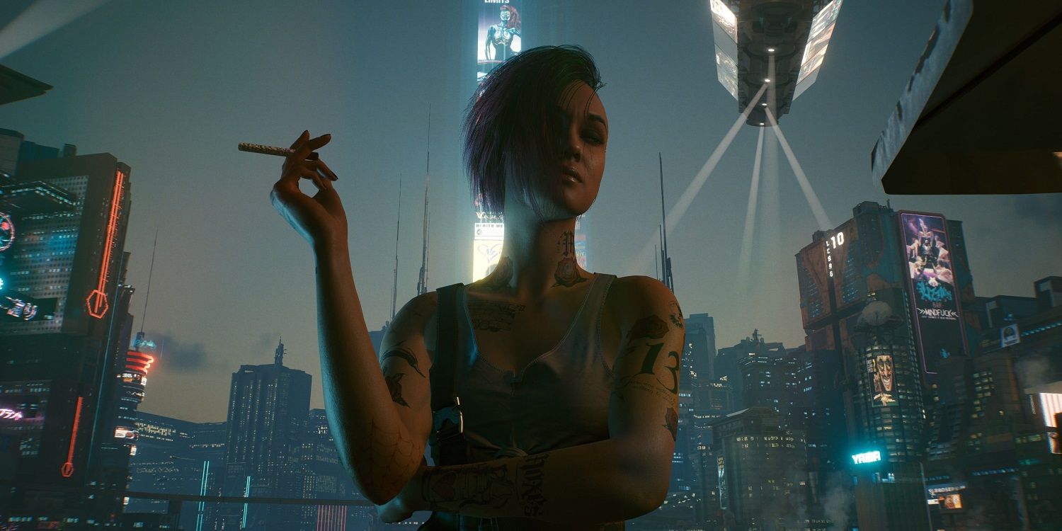 Judy Alvarez in Cyberpunk 2077 smoking a cigarette and looking at the camera
