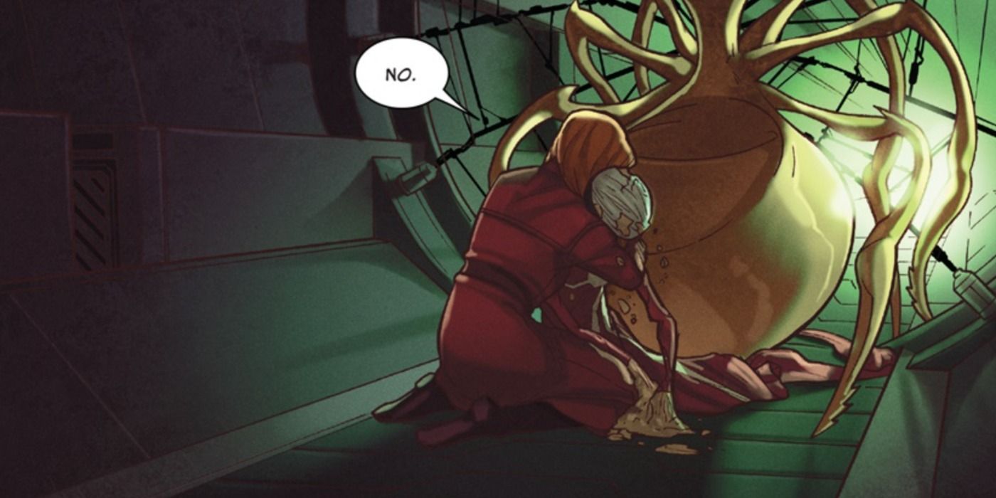Julia Carpenter holds a dying Madame Web in Marvel Comics.