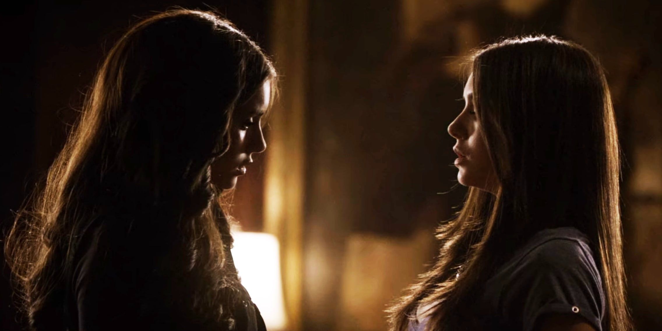 Katherine Pierce and Elena Gilbert stand face to face on The Vampire Diaries.