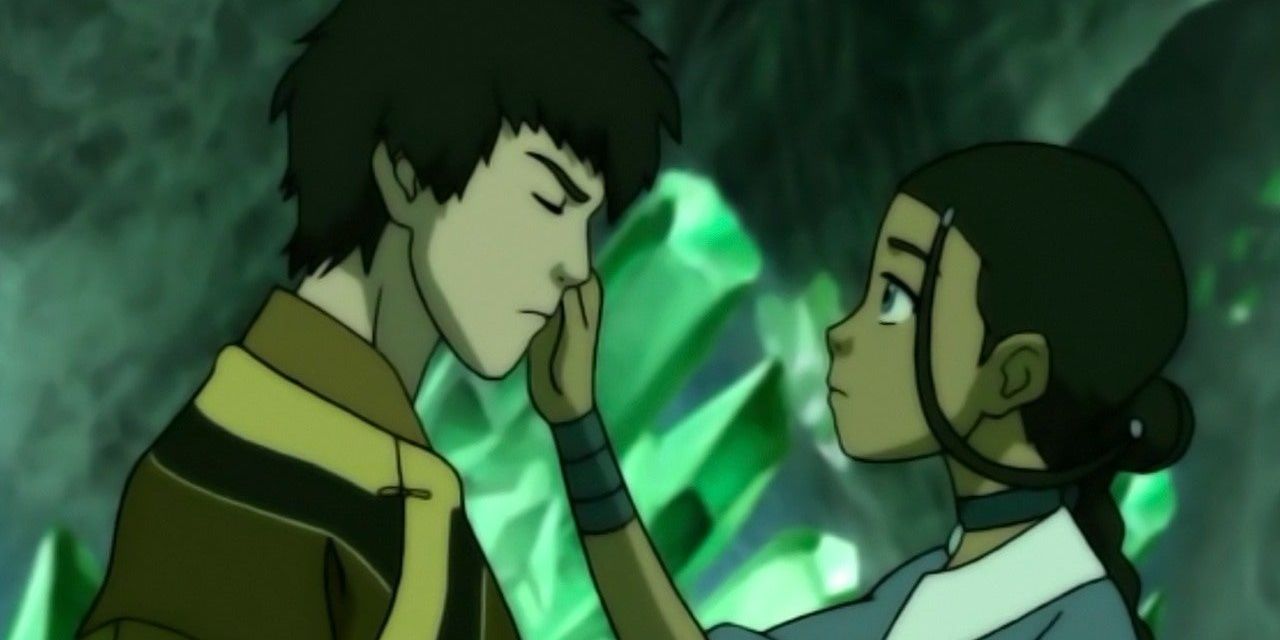 Katara touches Zuko's face in Avatar