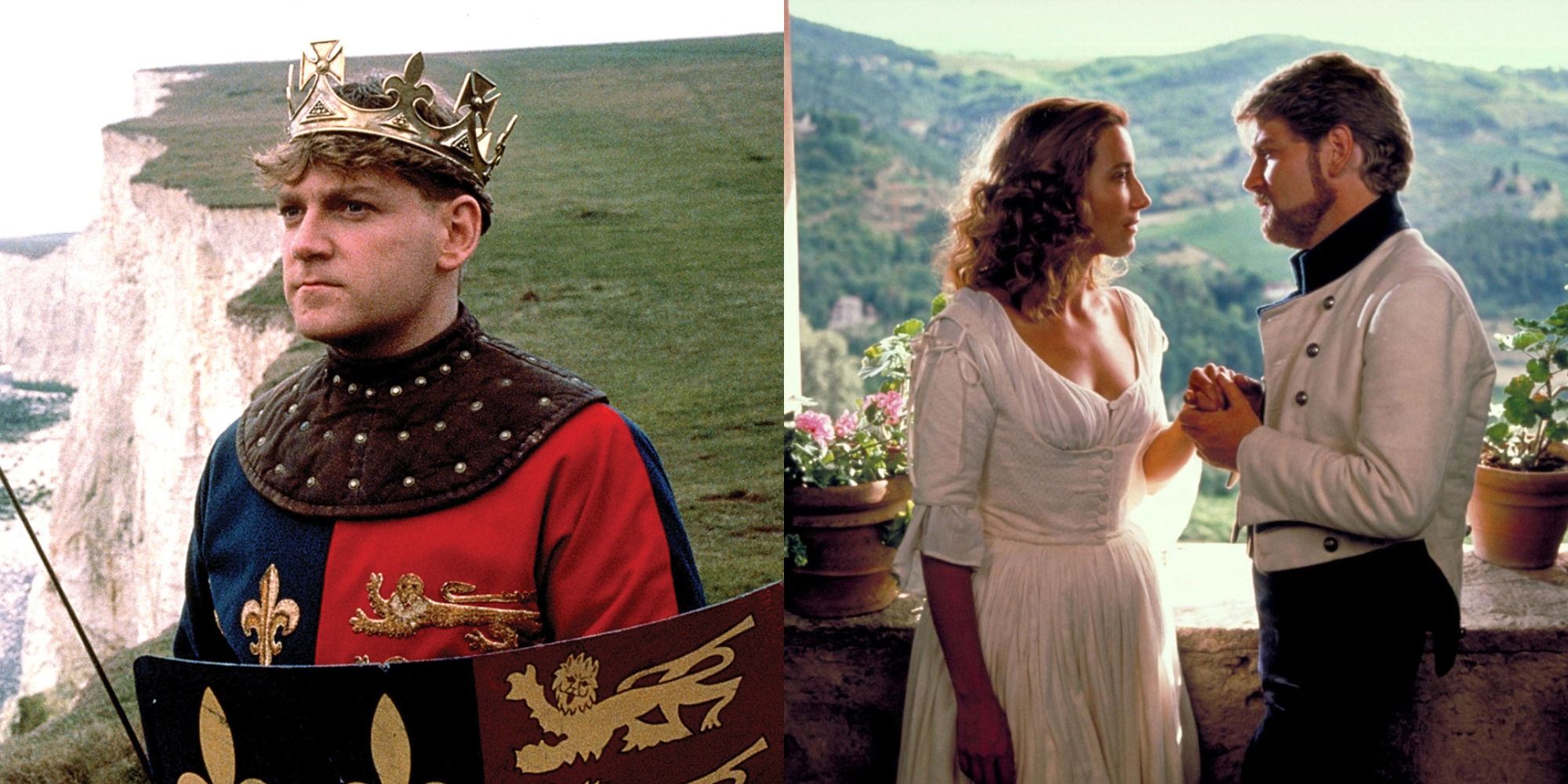 Split image showing Kenneth Branagh in Henry V and Much Ado About Nothing with Emma Thompson