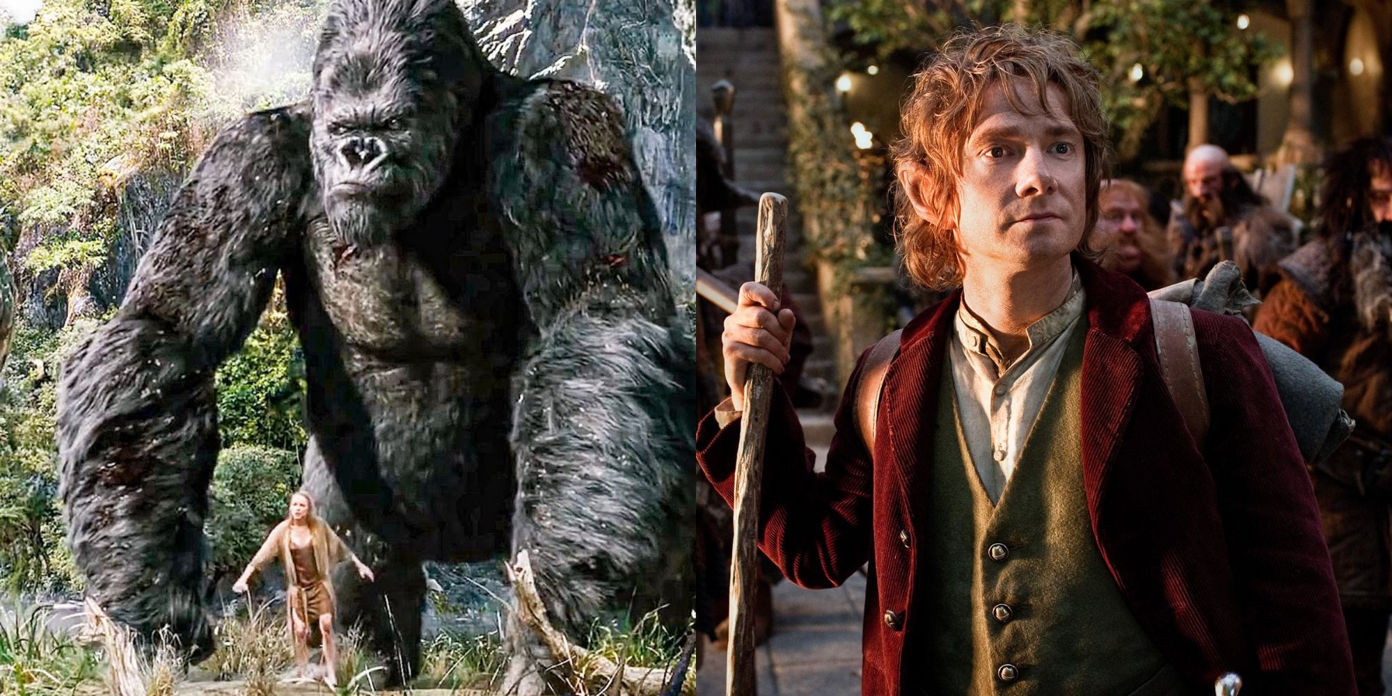 Split image showing King Kong and Anne in King Kong and Bilbo in The Hobbit