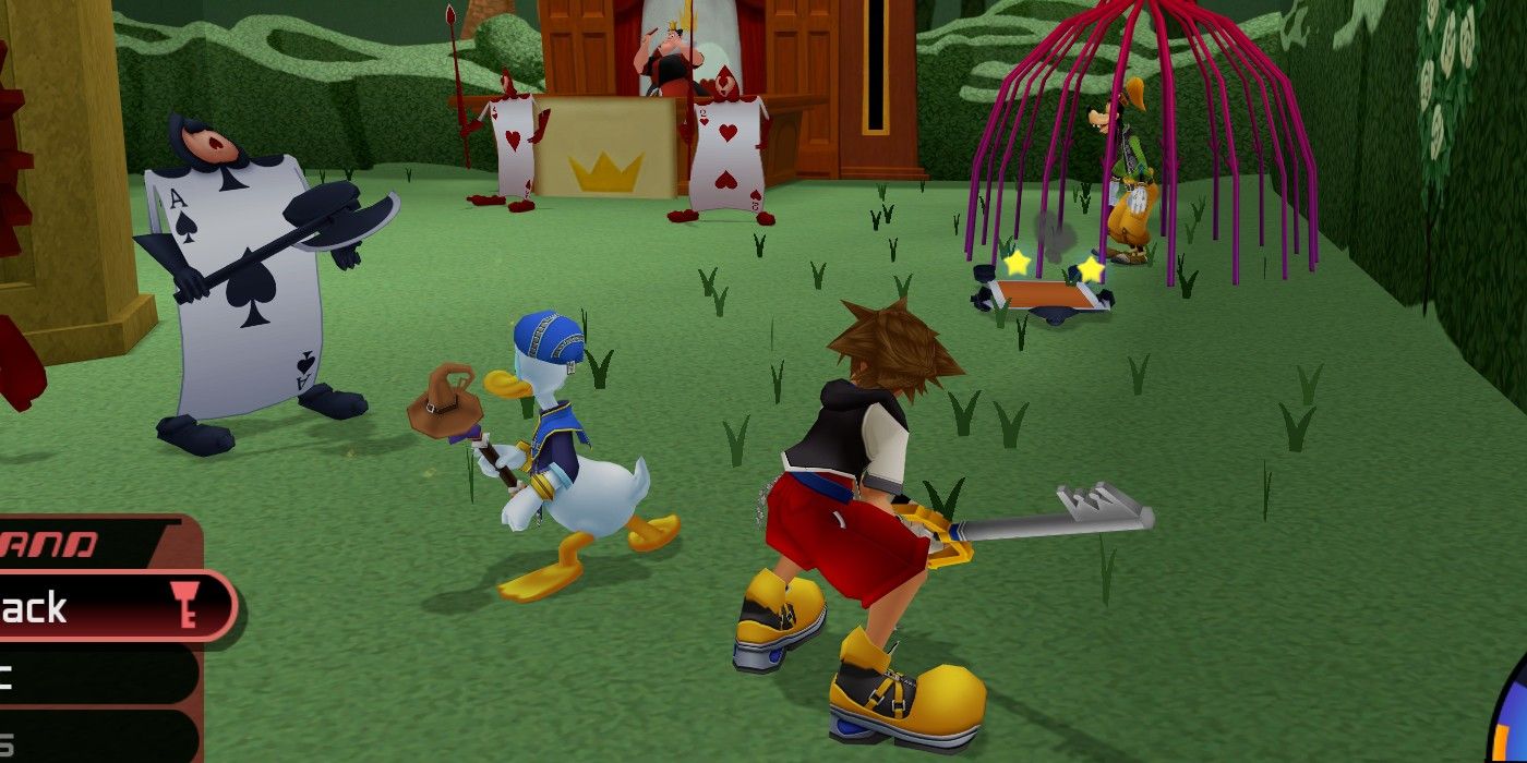 Sora and Donald fighting card in Wonderland in Kingdom Hearts 1