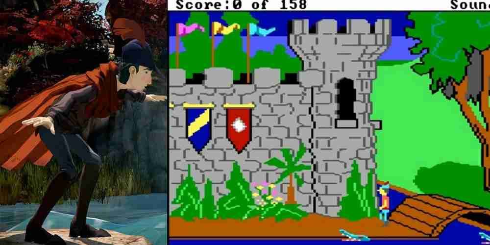 Graham from the reboot is on the left of the image, while classic Graham stands outside a castle on the right.