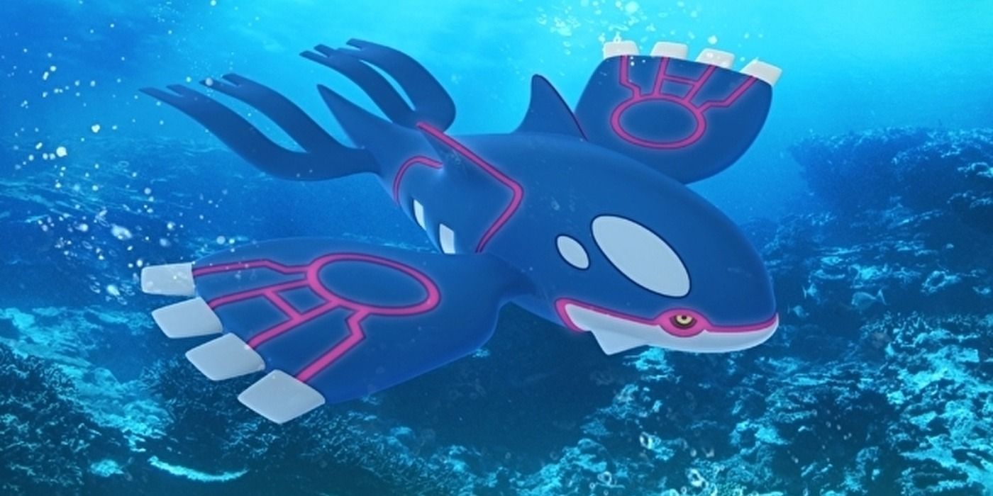 Kyogre nadando no oceano em arte promocional para Pokémon GO