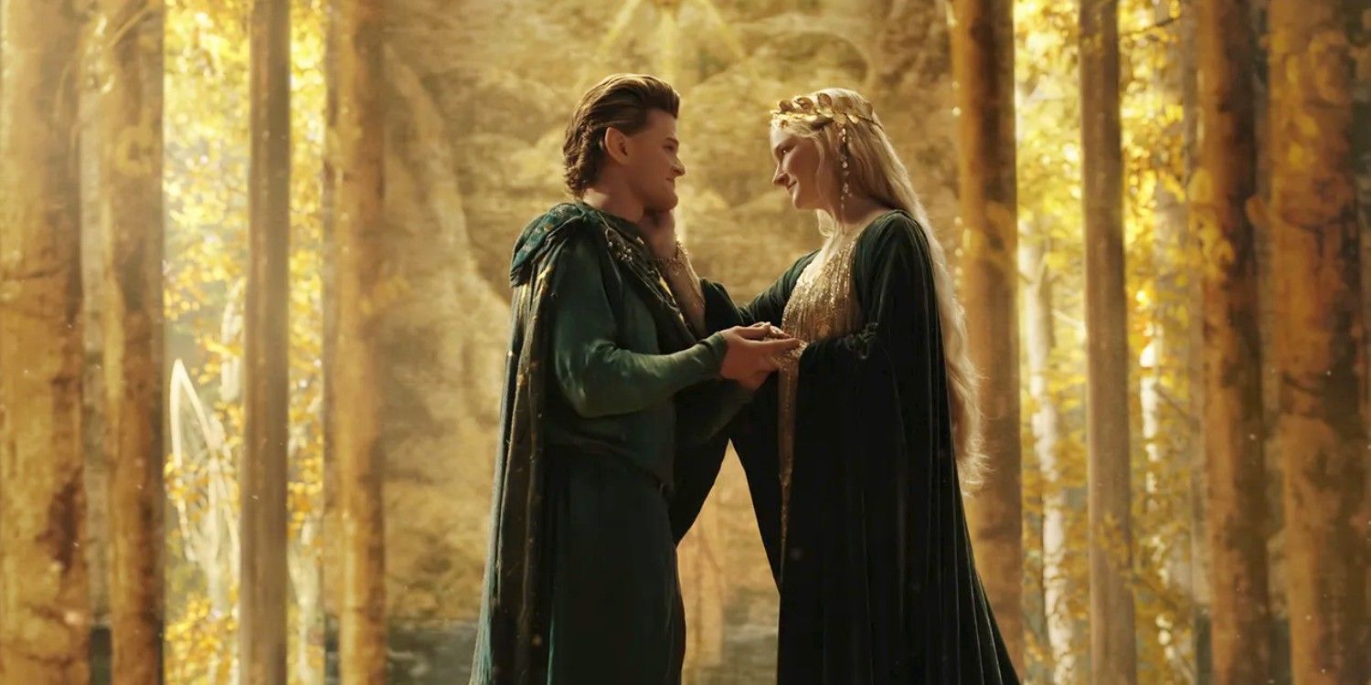 Elrond and Galadriel holding each other in The Ring of Power