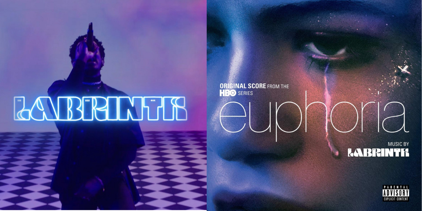 Split image of a Labrinth album cover and the Euphoria soundtrack cover