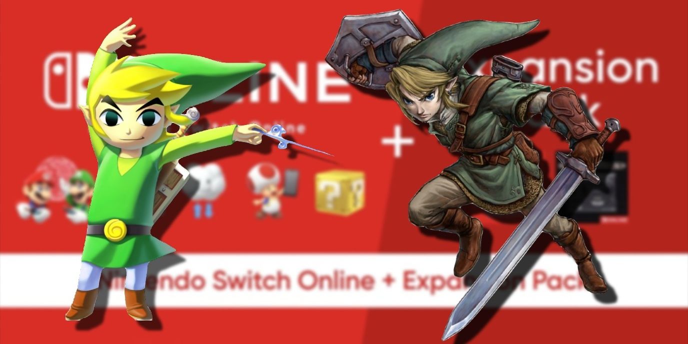 Two versions of Link on a background of the Nintendo Switch online service