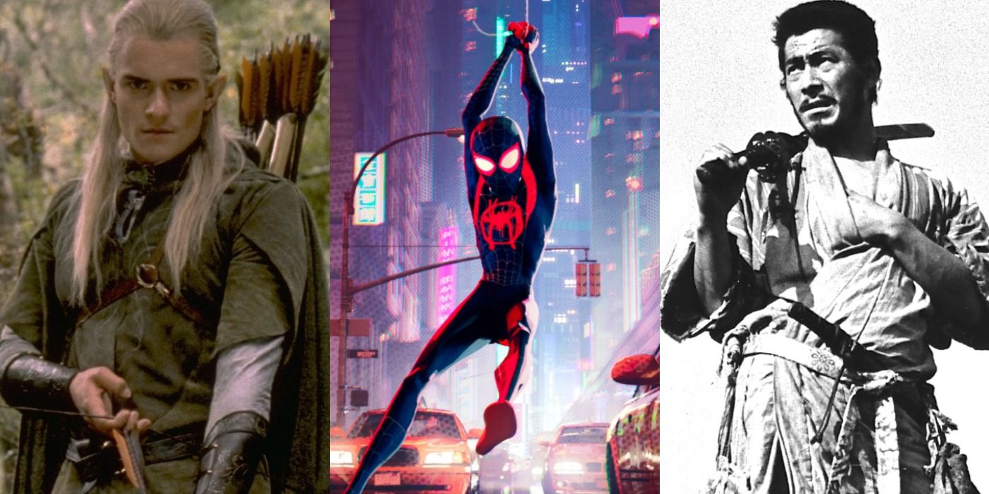 Three images showing Legolas from The Fellowship of the Ring, Miles from Spider-Man Into the Spider-verse, and a samurai from Seven Samurai.