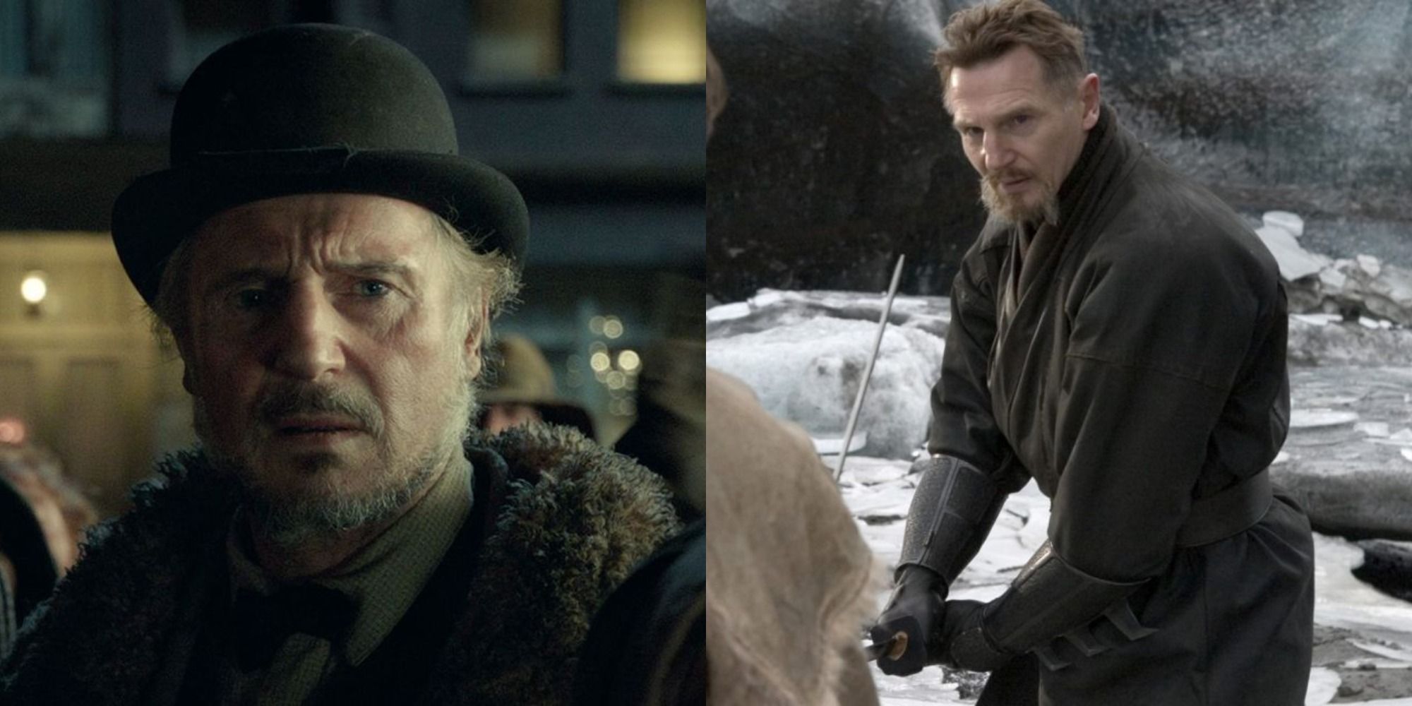 Split image of Liam Neeson in The Ballad of Buster Scruggs and Batman Begins