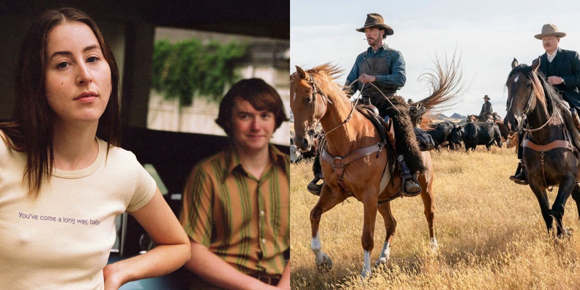 Split image showing Alana and Gary in Licorice Pizza, and Phil and George in The Power of the Dog