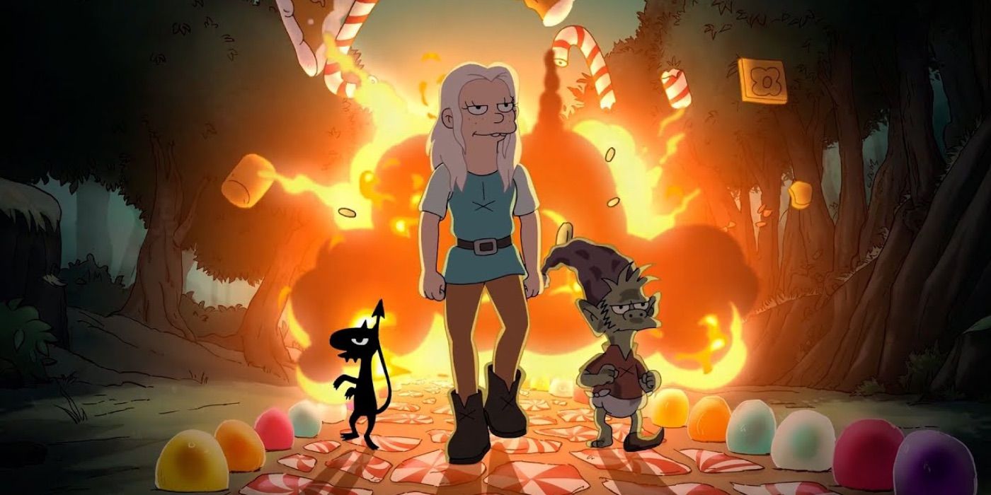 Luci, Bean, and Elfo walking away from an explosion in Disenchantment.
