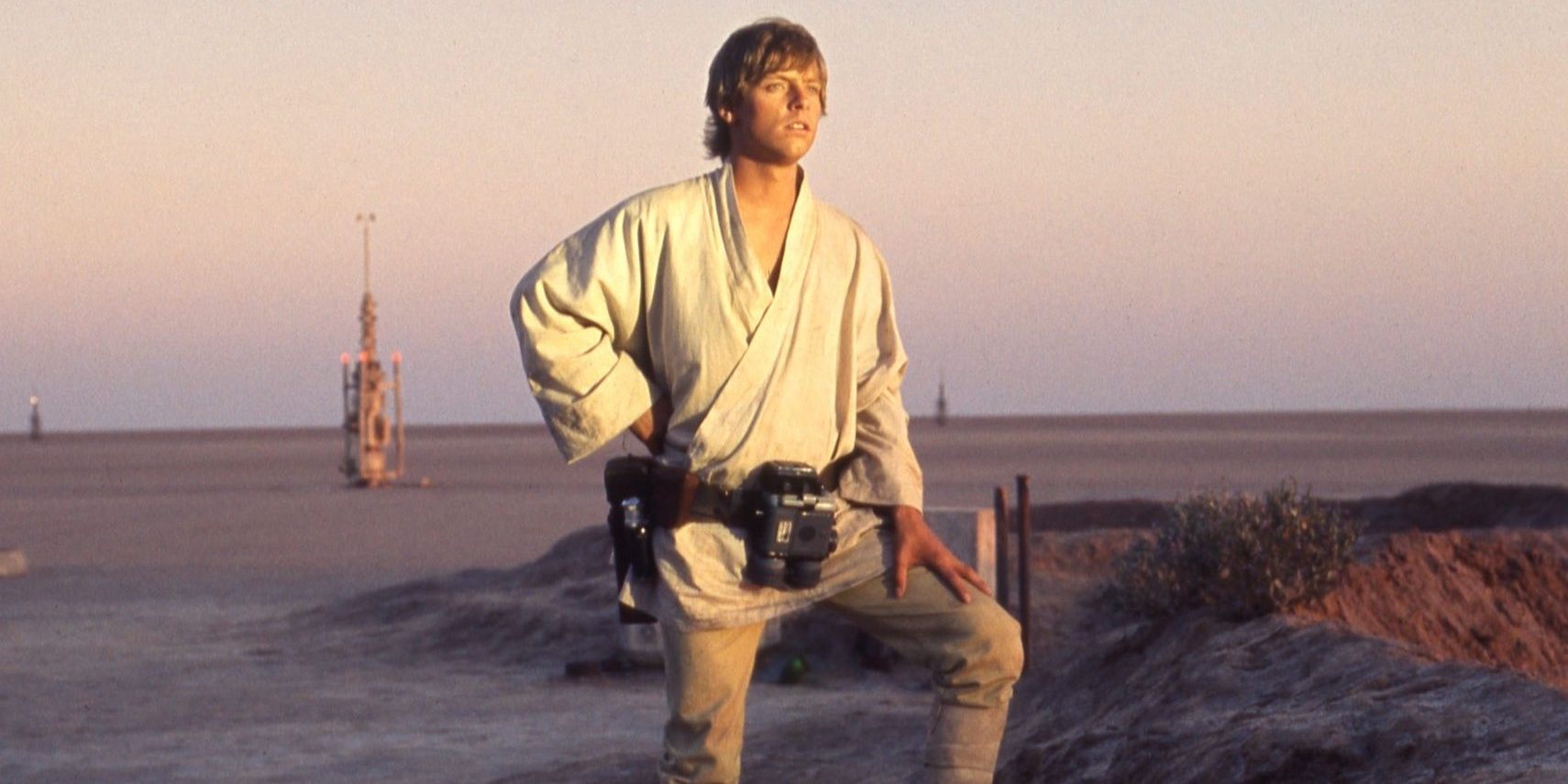 Luke Skywalker staring at the two suns on Tatooine