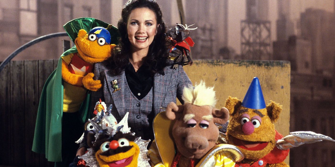 Lynda Carter and some of the Muppets as superheroes in The Muppet Show