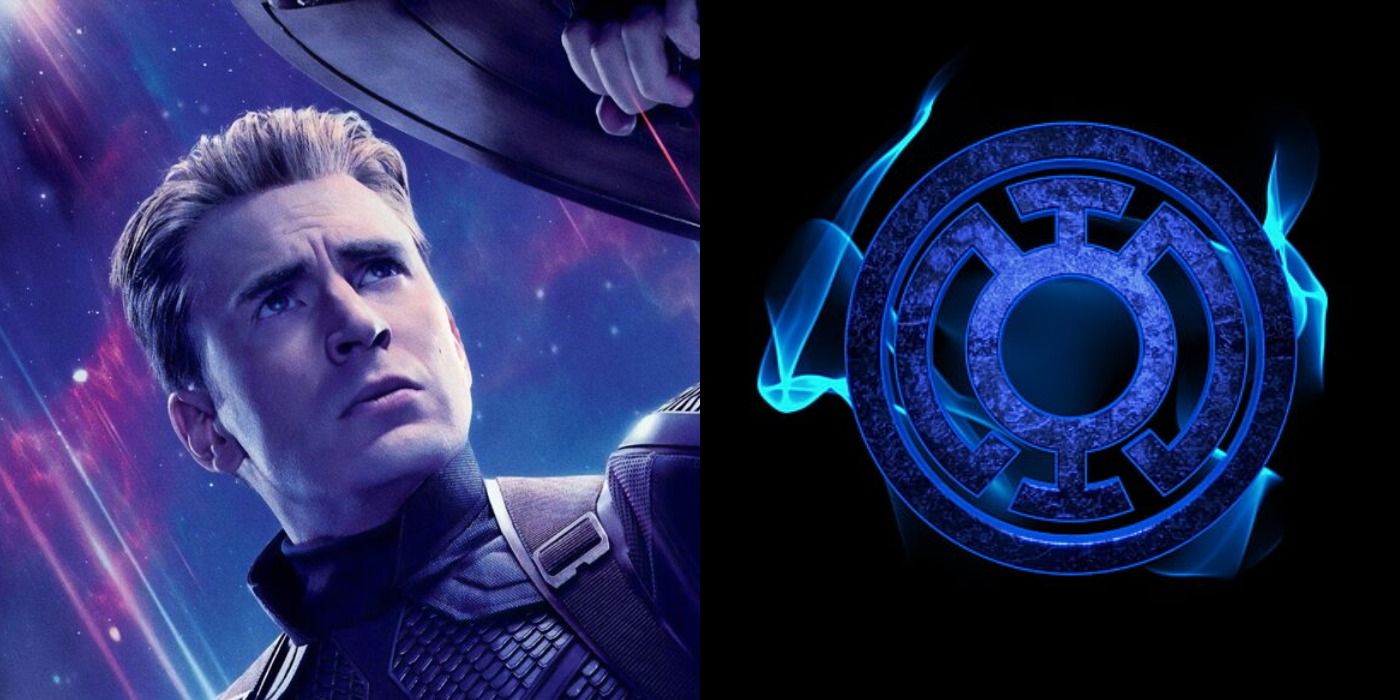 Imagem dividida do Capitão América do MCU e o logotipo do Lanterna Azul da DC