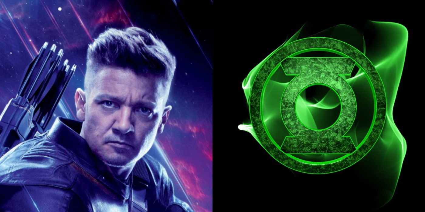 Imagem dividida do MCU Hawkeye e o logotipo do Lanterna Verde da DC