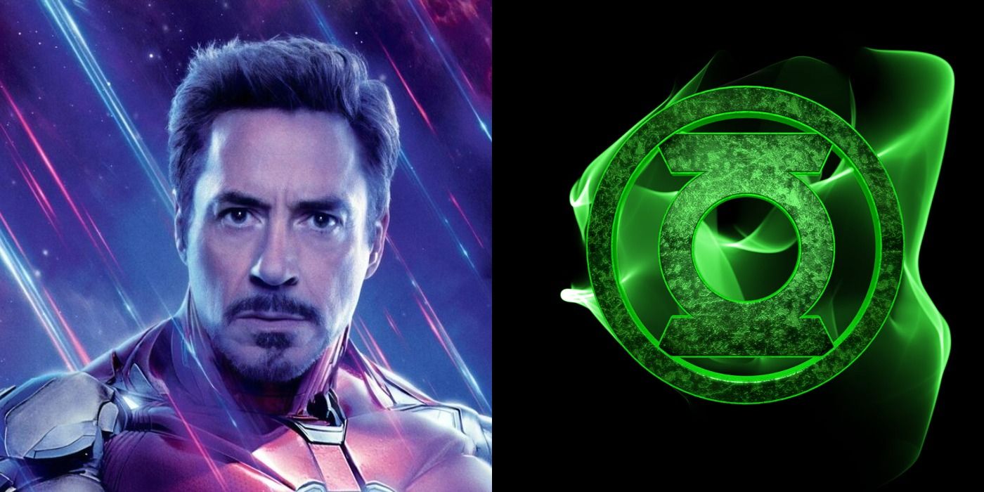 Imagem dividida do Homem de Ferro do MCU e o logotipo do Lanterna Verde da DC